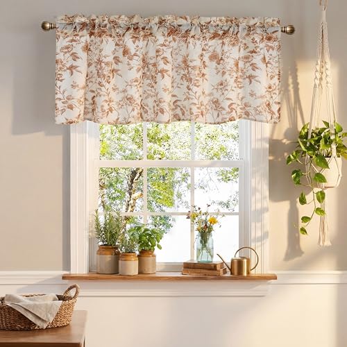 NICETOWN Faux Linen Valance for Windows Kitchen Living Room, Autumn Yellow Brown Peony Printed Rod Pocket Farmhouse Country Rustic Bathroom Small Wind
