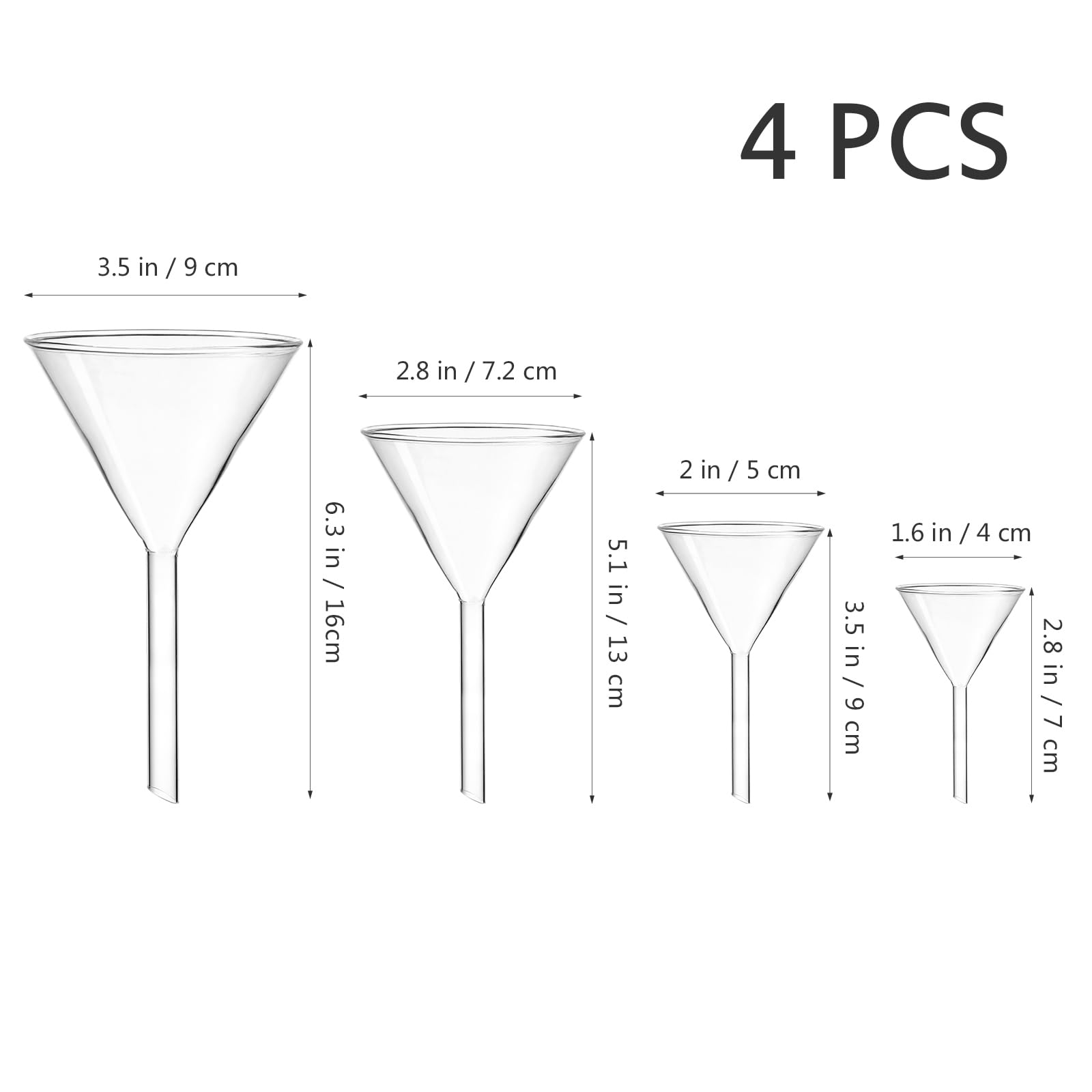 ULTECHNOVO Lot de 4 entonnoirs triangulaires en verre pour laboratoire - Dimensions : 40 mm, 50 mm, 75 mm, 100 mm - Transparent