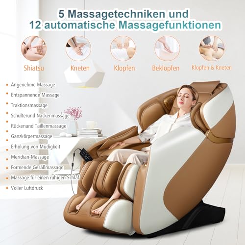 RELAX4LIFE Massagesessel Ganzkörpermassage Massagestuhl Zero Gravity SL Track Relaxsessel Shiatsu Massage Chair mit Wärmefunktion 12 Massageprogramm Sprachfunktion Fußrollen Bluetooth USB (Hellbraun) – Bild 4