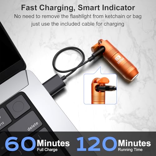 Image of Mini Keychain Flashlight - Instant On Pull to Light, 100 Lumens Tiny EDC Flash Light, USB-C Rechargeable Micro LED Torch, Waterproof IPX6, for Everyday Carry, Emergency & Outdoor Use (Orange)