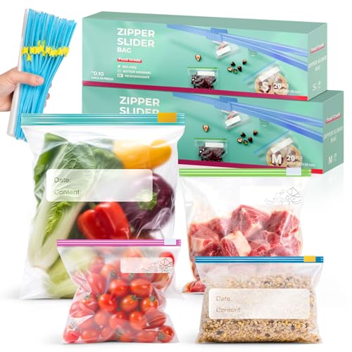 80 Pack Reusable Freezer Bags, Food Storage Bags with Expandable Bottom, 4 Sizes (1/1.3/1.8/4.6L), Zip Lock Bag for Sandwich Fruits Vegetables Meat Snacks