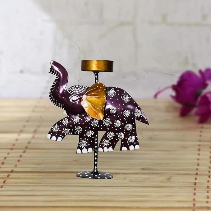 Artistic Tea Light Candle Holder Painted Metal Showpiece for Home, Tabletop & Festive Décor – Unique Candle Stand for Diwali, Christmas & Housewarming Gifts (Graceful Elephant Tea Light Holder)