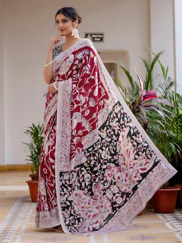 Image of SIRIL Women's Printed Ready to Wear Mul Cotton Saree With Unstitched Blouse Piece
