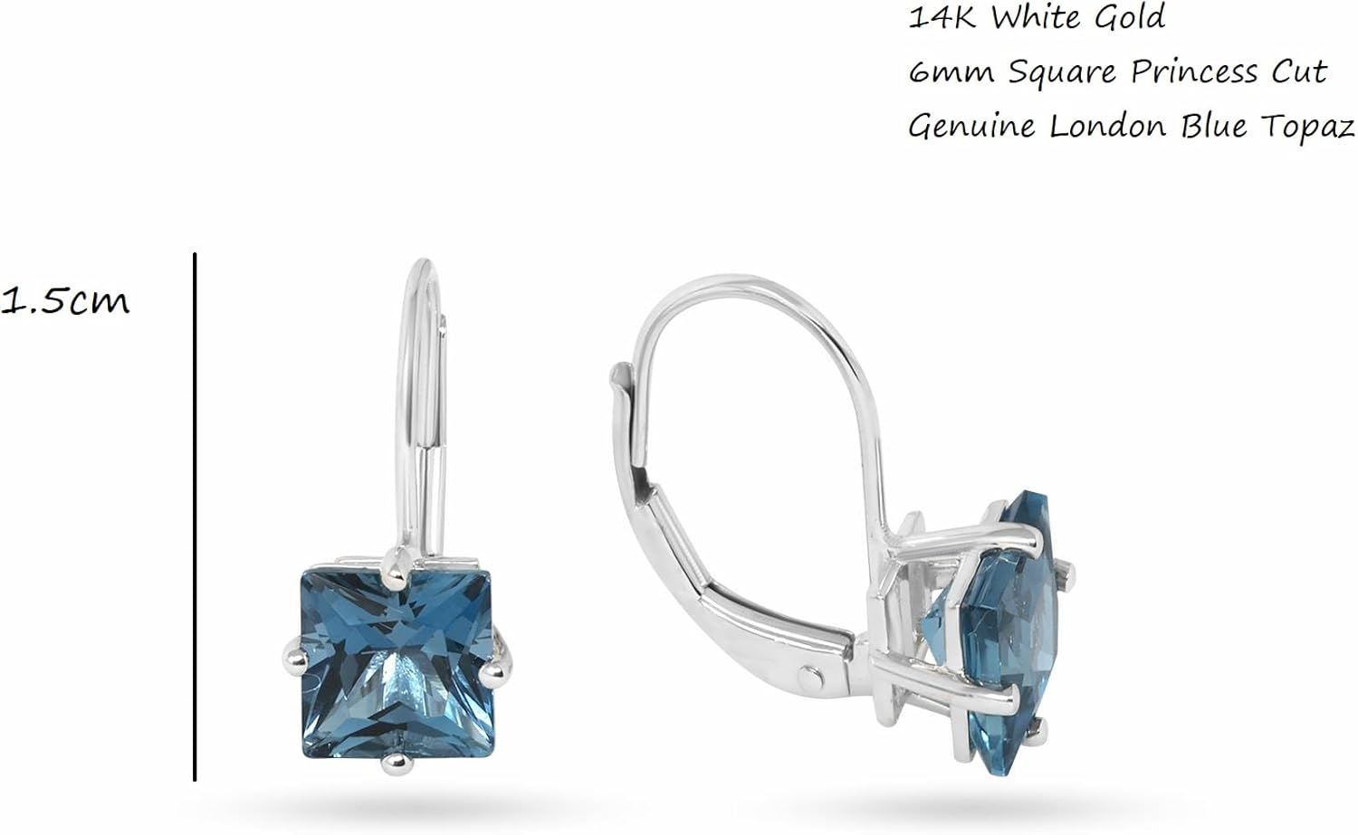 14K White Gold Genuine London Blue Topaz Square Dangle Earrings - Image 2