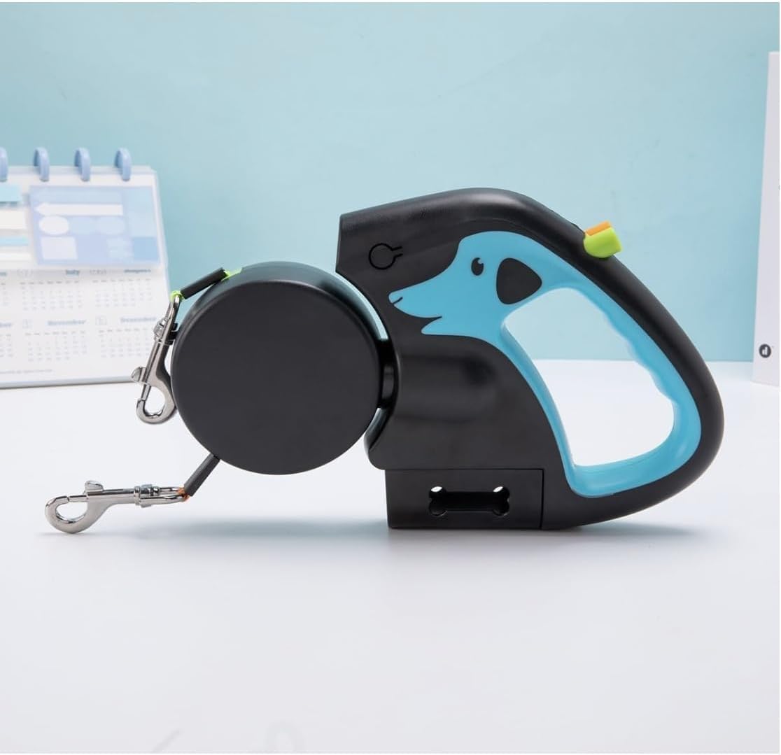 Retractable Double Dog Leash for 2 Dogs with 360 degrees Swivel，No Tangle 360 Technology, LED Flashlight, Poop Bag Holder, Reflective Leads for Safety,Dual Locking(Brown)(Light Blue)