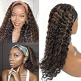 Deep Wave Headband Human Hair Wigs Brazilian Curly Medium Auburn Highlights Scarf Wig 20 Inch...