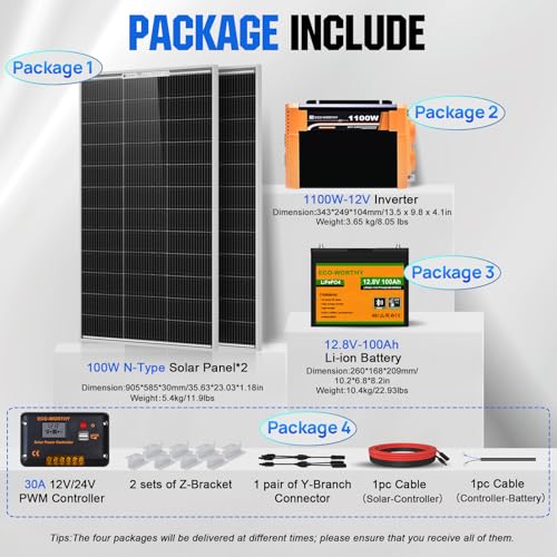 Image of ECO-WORTHY 200 Watt 12V Complete Solar Panel Starter Kit for RV Off Grid with Battery and Inverter: 2pcs 100W Solar Panel + 30A Charge Controller + 100Ah Lithium Battery + 1100W Premium Solar Inverter