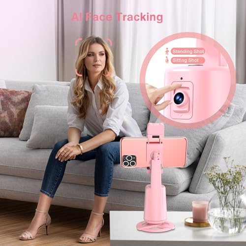 Image of Auto Face Tracking Tripod 360 Rotating Cell Phone Photo and Video Kits Stand, No App, Camera Stand with Remote and Gesture Control, Rechargeable Smart Shooting Stand for Live Recording Tiktok(Pink)