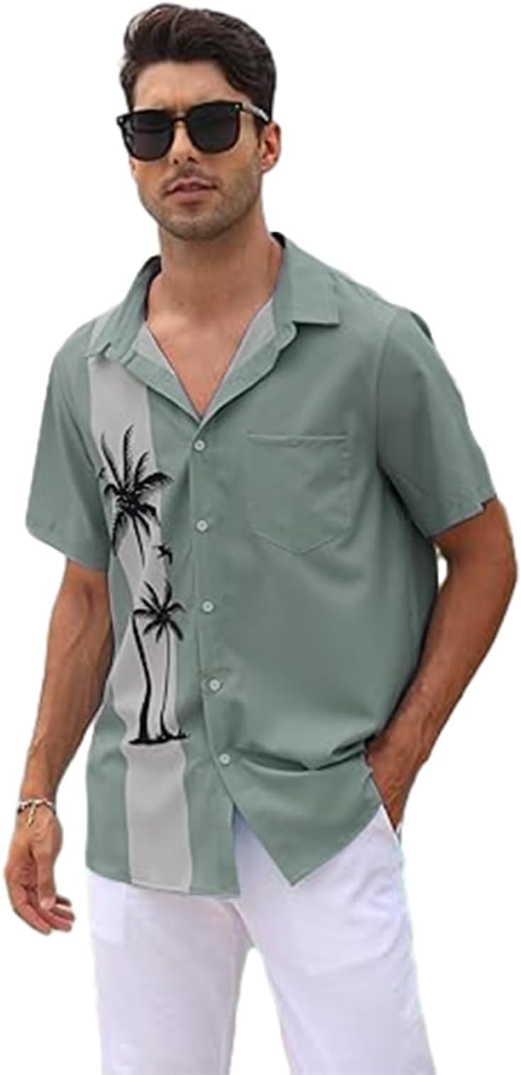 GenericMen's Short Sleeve Button Down Bowling Shirts Casual Printed Beach Shirt Summer Regular Fit Top