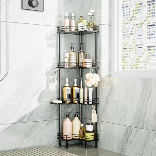 Image of Consumest Corner Shower Caddy Standing - 4-Tier Stainless Steel Shower Organizer with Soap Holder and 4 Hooks, Large Capacity Corner Shelf Stand for Bathroom, Rest Room, Black