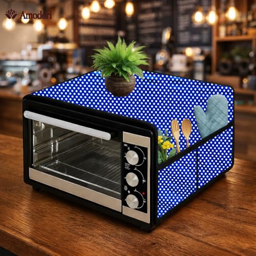 Image of Microwave Oven Top Cover 35x100 cm | Wipe Clean Fabric | 4 Utility Pockets (Polka-13)