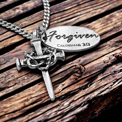 Nail Cross Crown of Thorns with Forgiven Tag Necklace On Chain2