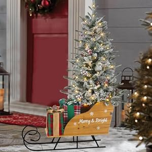 Prelit Christmas Tree with Sleigh 43 FT Snow Flocked Artificial Christmas Tree with Gift Box100 Warm White LEDs Battery Powered 8 Lighting Modes for Xmas Porch Entrance Decorations