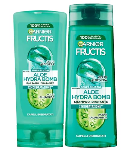 Garnier Fructis Aloe Hydra Bomb Balsamo Idratante Capelli Disidratati da 200 ml + Garnier Fructis Aloe Hydra Bomb Shampoo Idratante con Acido Ialuronico da 250 ml - 2 flaconi