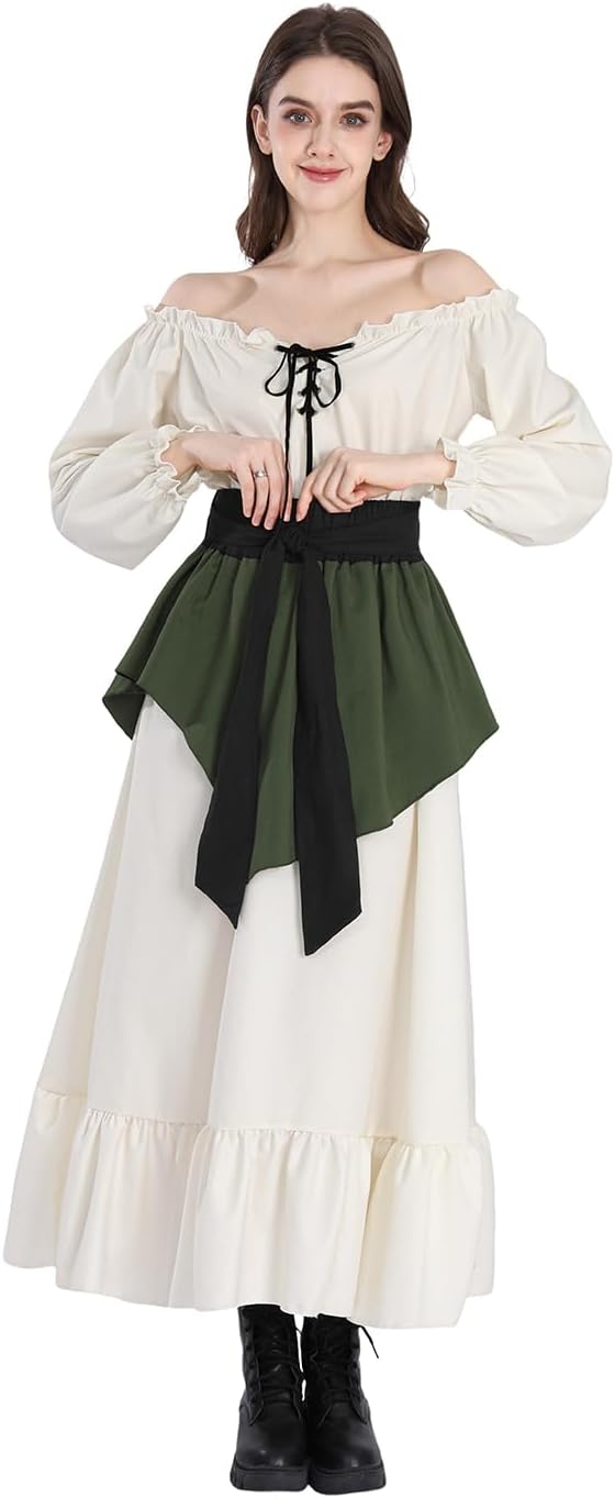 Nuoqi Renaissance Dress Women Off Shoulder Medieval Costume Peasant Dress with Waist Sash
