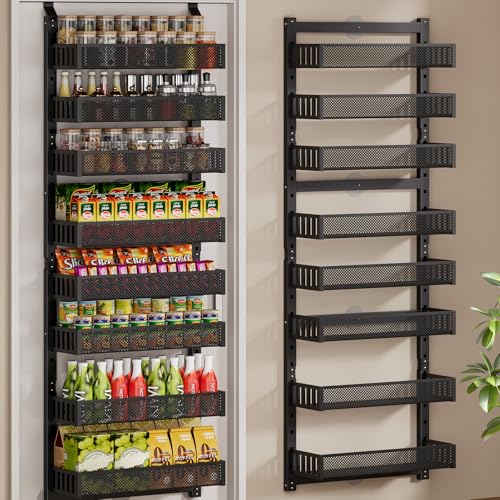 POKIPO 8-Tier Over the Door Pantry Organizer, 2 IN 1 Wall Mount or Hanging Spice Rack with Adjustable Raised Basket, Heavy Duty Back of Door Storage for Kitchen Bathroom Laundry Room