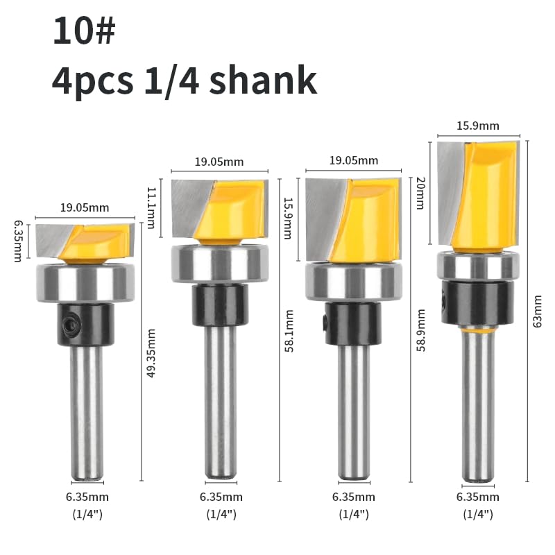 Broca inferior de Limpieza de PC con rodamiento inferior, cortadores de carburo, fresa for carpintería, fresa frontal, 1 unidad(4pcs 6.35 shank)