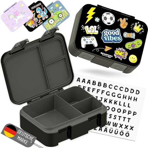 BEARFOOT Bento Box COMPACT | BPA-freie Kinder Brotdose für Schule & Kindergarten | Auslaufsichere Lunchbox für Mädchen & Jungen | Praktisch, leicht & kompakt (Sticker-schwarz, 650ml)