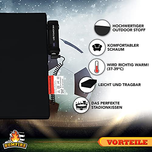 Bumfire Sitzkissen Beheizbar & Faltbar - Akku Heizkissen Kabellos mit USB Anschluss - Elektrisch Beheizbare Wärmekissen Sitzauflage Stadion, Camping, Rollstuhl, Outdoor Kissen - Schwarz - 35x35 cm