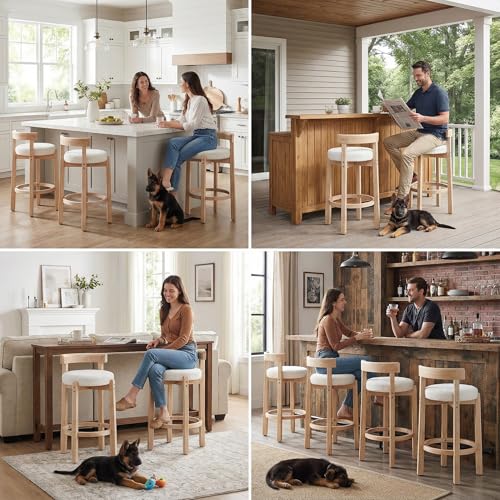 Image of LukeAlon Sherpa Counter Stools Set of 2, Mid Century Upholstered 26.5 inch Seat Height Low Barstools with Natural Wood Legs Round Low Back Kitchen Stools with Footrest for Dining Room, White
