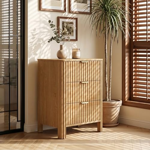 Image of Wodeer 3 Drawer Dresser for Bedroom, 20 inch W Wood Storage Cabinet with Fluted Design, Modern Chest of Drawers for Living Room, Nursery Clothing Organizer with Metal Slides, Anti-Tipping
