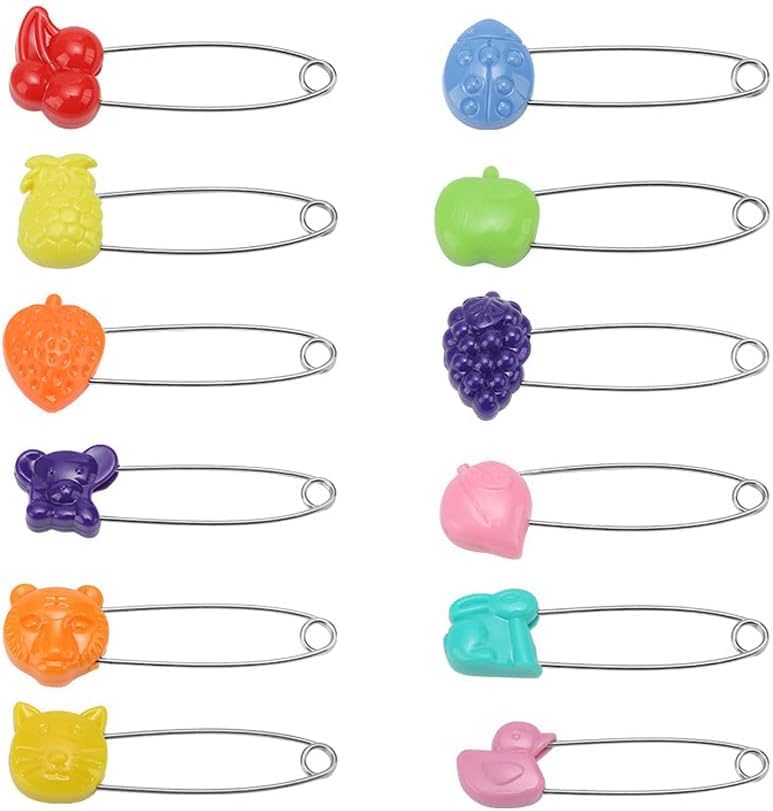 Rinpoche Plastic Cartoon Head Saree Pins Brooches Safety Locking Baby Cloth Nappy Mini Hijab Fruit Safety Pins for Blankets Scarves Sweater (Colorful) (Pack of 12)-image-17