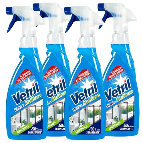 Vetril - Cristales y multiusos limpiador en spray de superficies con amoniaco, acción desengrasante y brillo sin halos, 650 ml x 4 unidades