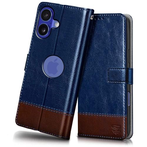 Image of FLIPPED Vegan Leather Flip Case Back Cover for iPhone 16 (Flexible, Shock Proof | Hand Stitched Leather Finish | Card Pockets Wallet & Stand | Blue with Brown)