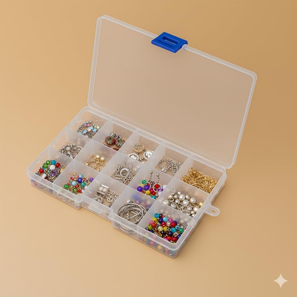 Oblivion Jewelry Storage Box - Cells Clear Plastic Organizer Box for Jhumkas, Durable & Portable Transparent Storage Boxes for Women, Perfect Organizer for Earrings & Small Accessories (15 Grid Cell)