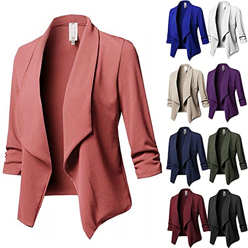 Dawwoti Paletós de Terno Feminino Blazers Manga Franzida 3/4 Casual Trabalho Blazer Frente Aberta Ja