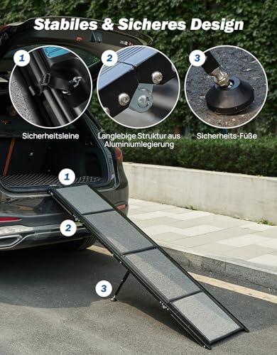 JOYTUTUS klappbare Hunderampe für Autos, SUVs und LKWs, 90kg Belastbarkeit, geeignet für große, mittelgroße und kleine Haustiere(180 x 44 cm ),Aluminiumrahmen