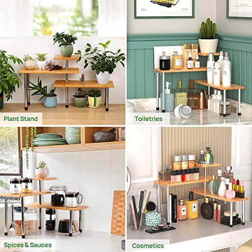Venloup Upgraded 3 Tier Corner Shelf, Adjustable Bamboo Storage Spice Rack With Hooks, Freestanding Space Saving Counter Display Shelf For Kitchen, Office And Bedroom （Natural #TOP2