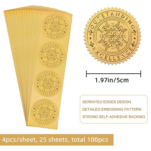 Craspire 2" Gold Foil Certificate Seals Outstranding Excellence 100Pcs Self Adhesive Embossed Seals Gold Stickers Medal Decoration Labels For Envelopes Diplomas Certificates Awards Graduation #TOP1