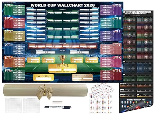 Large Size 2026 World Cup Wall Chart Poster Gift Set 3 PCS Double-Sided PVC Dry Erase Soccer Schedule Posters Includes Erasable Marker Eraser 48 Team Stickers & No-Drill Mounting Tabs Group Stage Tracker & Knockout Bracket for Home Office Fan Decor