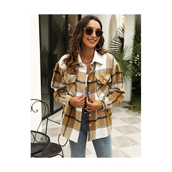 UANEO Womens Plaid Shacket Button Down Wool Blend Fall Flannel Shirt Jacket (Khaki-M)