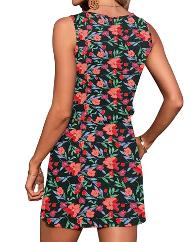 Image of AUSELILY Womens Summer Dress Casual Sleeveless Drawstring Short Dresses | Adjustable drawstring waist for a custom fit, plus 2 side pockets-perfect beach-to-street sundress