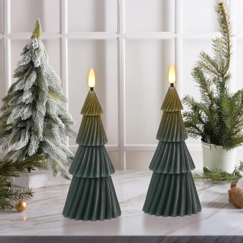 Image of Wondise Christmas Tree Flameless Candles with 6hrs Timer, Real Wax Battery Operated 3D Wick LED Candles Flameless Flickering Candles for Christmas Holiday Decor (2 pcs 3 inch x 7.1 inch)