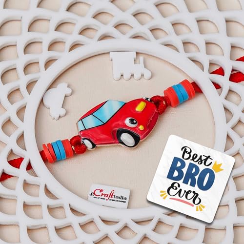 Image of eCraftIndia Pack of 100 Cartoon Car Rakhi for Kids Brother Boys Girls | Designer Raksha Bandhan Rakhi for Bhai Bhaiya | 100 Best Bro Ever Fridge Magnets | Roli Chawal Pack Gift Set