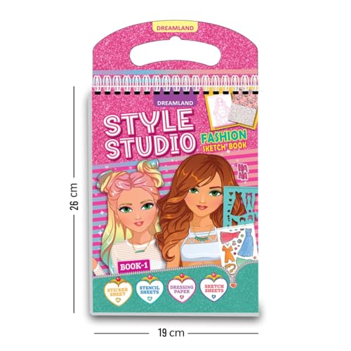 Image of Style Studio Fashion Sketch Activity Book 1 for Girls Age 4-8 years- Creative Design Kit with Sticker Sheets, Stencil Sheets, Dressing Paper & Sketch Pages | Fun DIY Activity Book