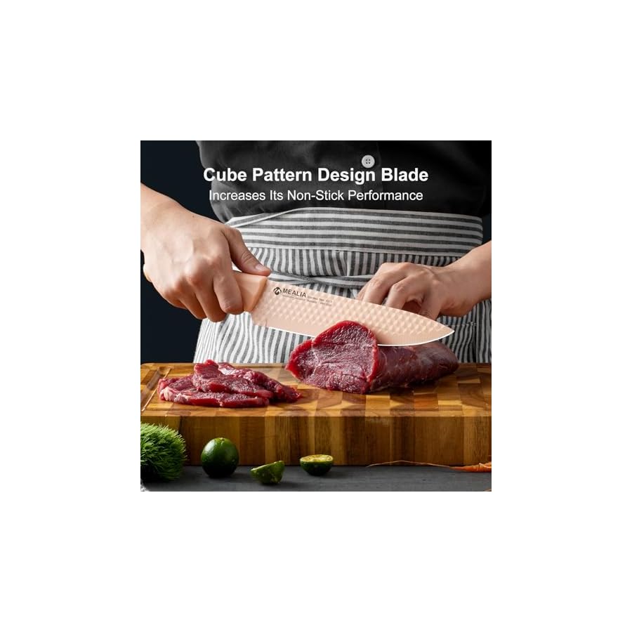Knife Set, Mealia 6-Piece Kitchen Knife Set for Chef, Professional Non-stick Sharp Stainless Steel Knives with Universal Knife Block, Ergonomical Design, Dishwasher Safe, Pink Black