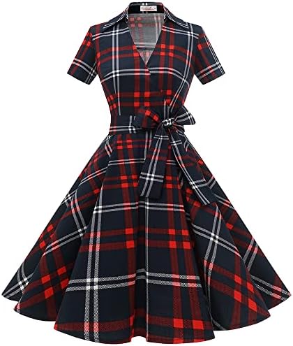 Vestido Vintage Años 50 con Cuadros – Corte A-Línea, Manga Corta y Estilo Pin Up para Mujer