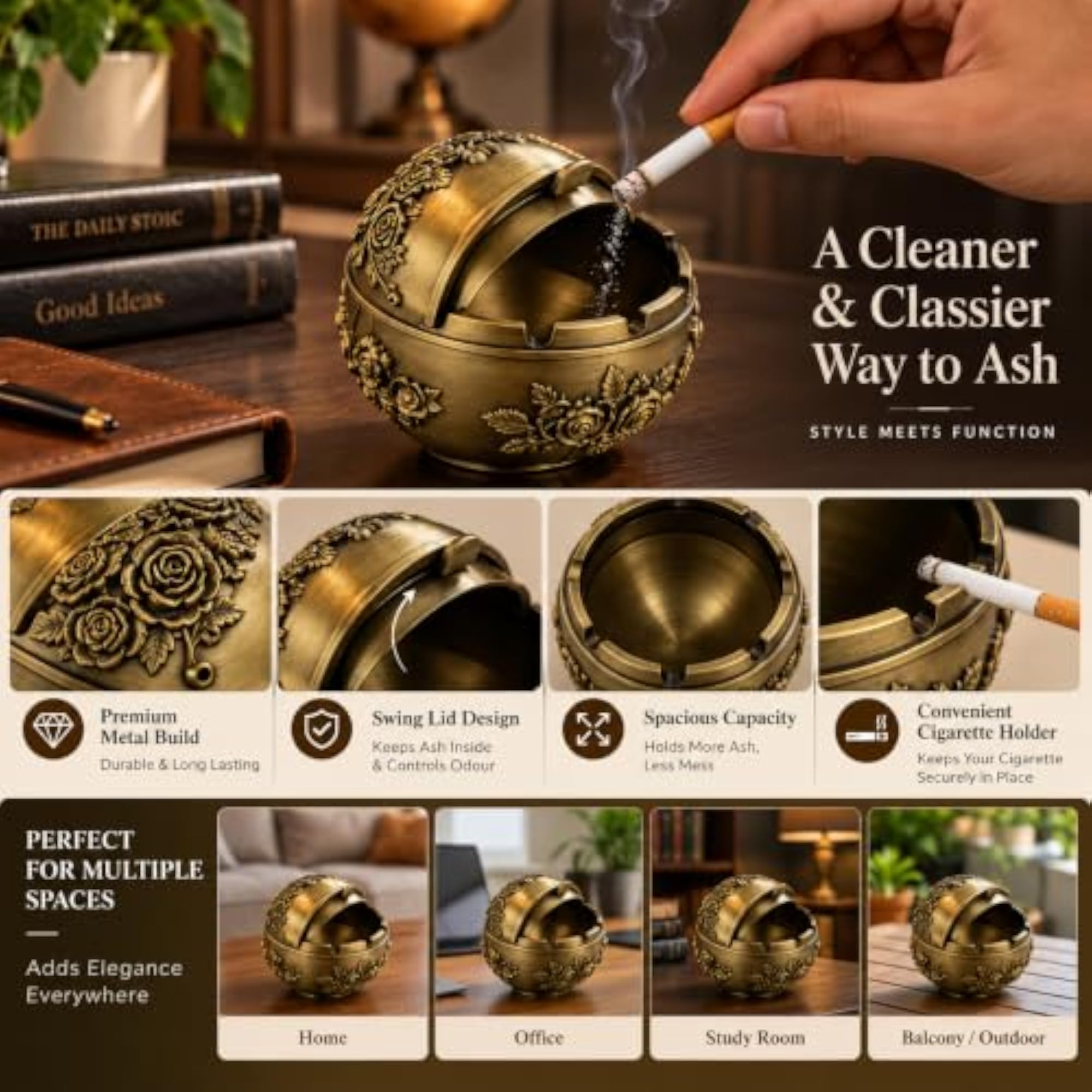 Brass Finish Ashtray with Hinged Lid, Floral Design