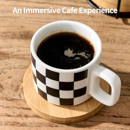 LUKA Stackable Black and White Checkered Ceramic Espresso Cups with Saucers and Metal Stand - 4 Ounce Demitasse Set for Coffee, Latte, Tea - Set of 4 - Image 3