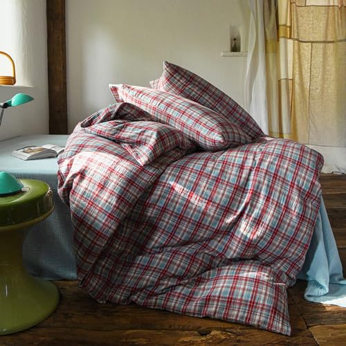 Image of EAVD Vintage Style Red&Blue Gingham Duvet Cover King Soft 100% Cotton Muslin Yarn-Dyed Textured Retro Grid Plaid Bedding Set Reversible British-Style Gingham Bedding Set with Zipper Closure