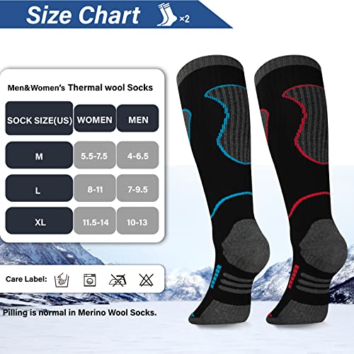 Image of Merino Wool Ski Socks 2 Pairs, Thermal Knee High Warm Socks for Snowboarding, Hiking, Cold Weather, Snow, Hunting