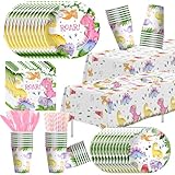 Suhelkit Dinosaur Birthday Party Supplies For Girl - Pink Dino Dinosaur Baby Shower Decorations Tableware, Paper Plate, Cup, Napkin, Tablecloth, Cutlery, Dinosaur Birthday Table Decorations | 24 Guest