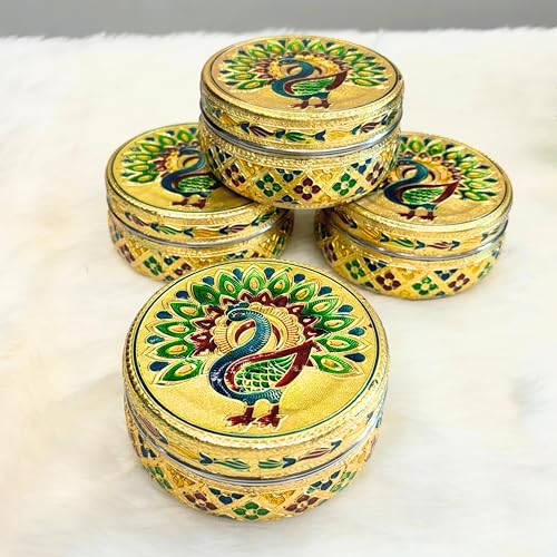 Image of NAVRANG Stainless Steel Container Box Meenakari Storage Box /Chapati /Roti Peacock Design (Pack of 4, Golden)