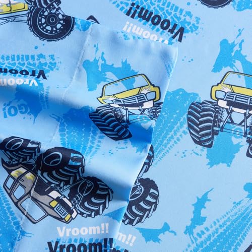 Image of Kids Bedding Set Bed in a Bag for Boys and Girls Toddlers Printed Sheet Set and Comforter, Full, Monster Truck