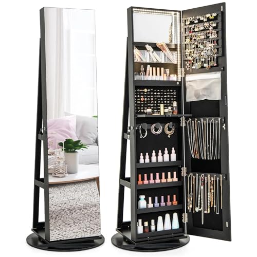 DREAMADE 360° Rotating Jewelry Armoire, 3-in-1 Lockable Large Capacity Jewelry Organizer w/ 3 Color LED Lighting, Freestanding Mirror Jewelry Cabinet w/Inside Make-up Mirror, 3 Back Storage Shelves