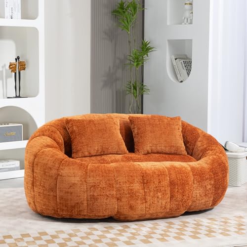 Giant Bean Bag Chair Couch with Foam Filler, Oversized Bean Bag Sofa for Adults,Teens, Comfy Floor Loveseat with 2 Pillows, Lazy Beanbag Lounger for Living Room, Game Room, Office, Chenille Orange